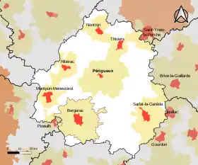 Localisation de l'aire d'attraction de Bergerac dans le département de la Dordogne