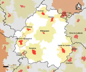 Localisation de l'aire d'attraction de Montpon-Ménestérol dans le département de la Dordogne