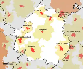 Localisation de l'aire d'attraction de Ribérac dans le département de la Dordogne