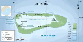 Carte d'Aldabra avec l'île Grande Terre au sud.
