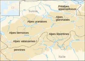 Carte de localisation des Alpes pennines et valaisannes dans les Alpes centrales.