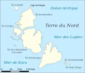 Localisation du cap Arctique au nord de l'archipel de la Terre du Nord.