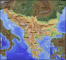 Carte topographique de la péninsule des Balkans.