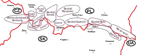Représentation schématique des Beskides et leurs subdivisions.
