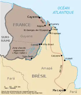 Frontière délimitant le Brésil et la France et tracé approximatif de la route transfrontalière devant relier Cayenne à Macapá.