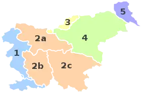 La Carniole est l'une des cinq régions historiques de Slovénie. Elle est divisée en :2a: Haute-Carniole2b: Carniole-Intérieure 2c: Basse Carniole et Carniole-Blanche.