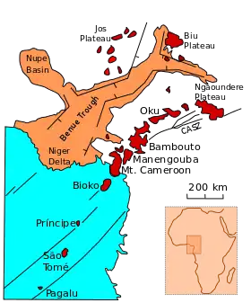 Schéma géologique de la ligne du Cameroun avec les monts Bamboutos au centre.