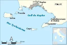 Carte du golfe de Naples avec la péninsule de Sorrente (en bas à droite).