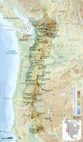 Carte topographique de la chaîne des Cascades.