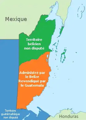 Revendications territoriales du Guatemala sur le Belize. En vert, territoire non revendiqué. En orange, territoire revendiqué.