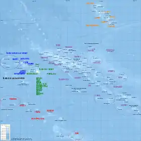 Les Tuamotu (au milieu et en violet) sur la carte de la Polynésie française