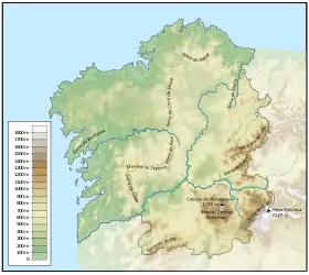 Carte de Galice avec le Massif galicien au sud-est.