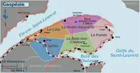Carte de la Gaspésie avec La Baie-des-Chaleurs au Sud.
