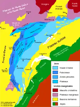 Carte géologique simplifiée des unités structurales du massif du Jura