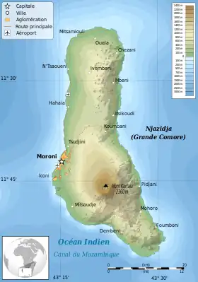 Carte topographique de Grande Comore avec la Grille formant sa moitié septentrionale.