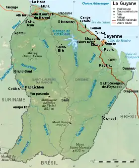 Carte topographique de la Guyane avec le massif du Mitaraka au sud-ouest.