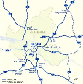 Carte des Bundesautobahn de Hambourg avec la Bundesautobahn 252 dans le centre-ville.