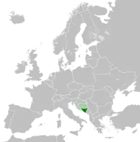 La Bosnie (vert clair) et l'Herzégovine (vert foncé) à l'échelle de l'Europe.