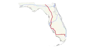 Le parcours de l'Interstate 75, en rouge, dans l'état de la Floride.