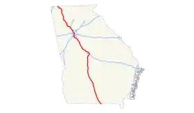 Le parcours de l'Interstate 75, en rouge, dans l'État de la Géorgie.