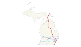 Le parcours de l'Interstate 75, en rouge, dans l'État du Michigan.