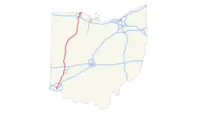 Le parcours de l'Interstate 75, en rouge, dans l'État de l'Ohio.