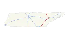 Le parcours de l'Interstate 75, en rouge, dans l'État du Tennessee.