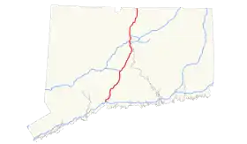 Le parcours de l'Interstate 91 dans le centre du Connecticut, le tracé de l'autoroute en rouge.