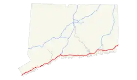 La parcours de L'Interstate 95 au Connecticut, en rouge