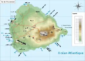 Carte de l'île[George(s)ville en est à l'ouest, entreCatherine Point, Tartar Rock et Cross Hill ;le Pic de Montagne Verte au centre-est].