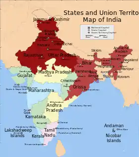 L'Inde avec en rouge foncé les 14 États touchés par la panne