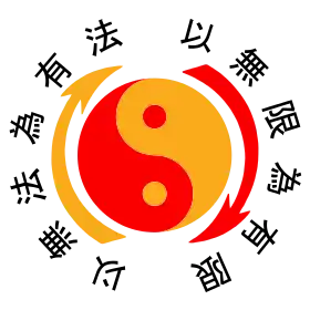 Emblème du jeet kune do. Le taijitu symbolise le concept du yin et yang, et les flèches leurs interactions continuelles. Les caractères signifient : « N'utiliser aucune méthode comme méthode » et « N'avoir aucune limite pour limite ».