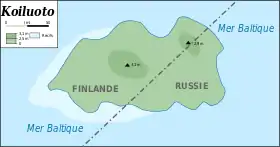 Carte de Koiluoto traversée par la frontière entre la Finlande (à gauche) et la Russie (à droite).