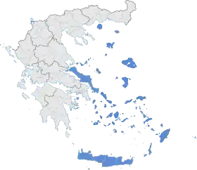 Carte de localisation des îles Égéennes grecques (en bleu) ; les îles turques sont manquantes.