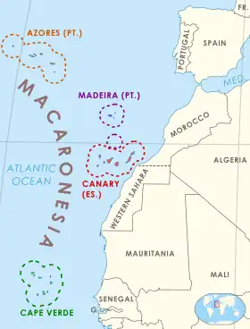 Carte de la Macaronésie au large de l'Afrique et de l'Europe.