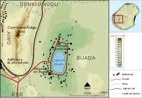 Carte de Nauru avec le Command Ridge au sud-ouest de l'île entre la lagune Buada et la côte.