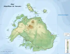 Carte d’Éfaté. Lelepa se situe à proximité de la côte nord-ouest.