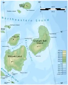 Carte de l'île Graham Bell et de la Terre de Wilczek.