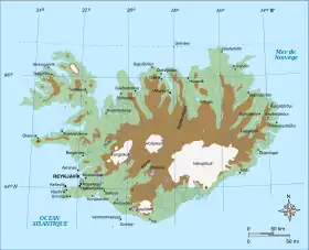 Carte des Hautes Terres d'Islande (en marron) incluant les glaciers (en blanc).