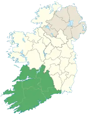 Carte représentant le Munster en Irlande, occupant la partie sud-ouest de l'île.