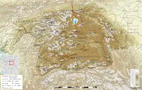 Carte topographique du Pamir avec le chaînon Kashgar à l'est constituant une zone de transition avec la cordillère du Kunlun.