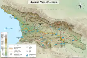 Carte topographique de la Géorgie ; le Likhi sépare la Géorgie orientale de la Géorgie occidentale.