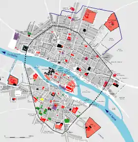 A gauche de l'île de la Cité, « Ile des Juifs » au cœur de Paris et le cimetière juif colorié en jaune (entre l'actuel musée de Cluny et l'université Paris-Descartes), plan de Paris restitué de 1300-1330.