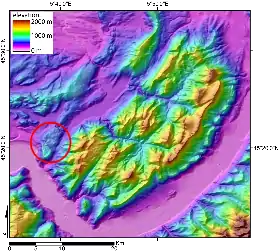 Modèle numérique de terrain du massif de la Chartreuse ; entouré en rouge, le plateau du Grand-Ratz.