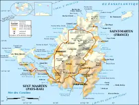 Carte de Saint-Martin mettant en évidence le tracé de la frontière.