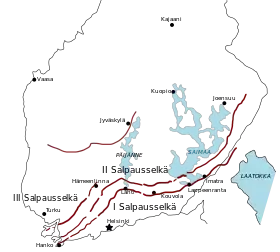 Carte des Salpausselät (traits rouges) en Finlande et Russie.