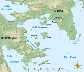 L'île Spetsopoula est la petite île tout au sud de la carte.