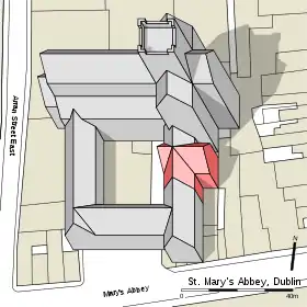 Plan cadastral sur lequel est superposé une vue axonométrique d'abbaye