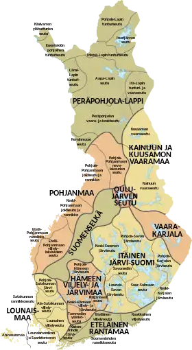 Carte des régions géophysiques de Finlande avec le Suomenselkä dans le centre du pays.