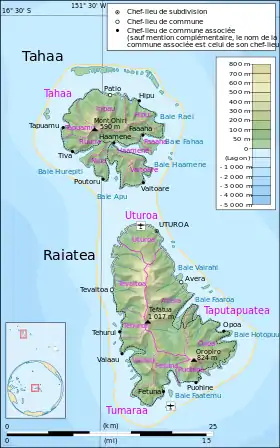Carte topographique des îles de Tahaa et de Raìātea.